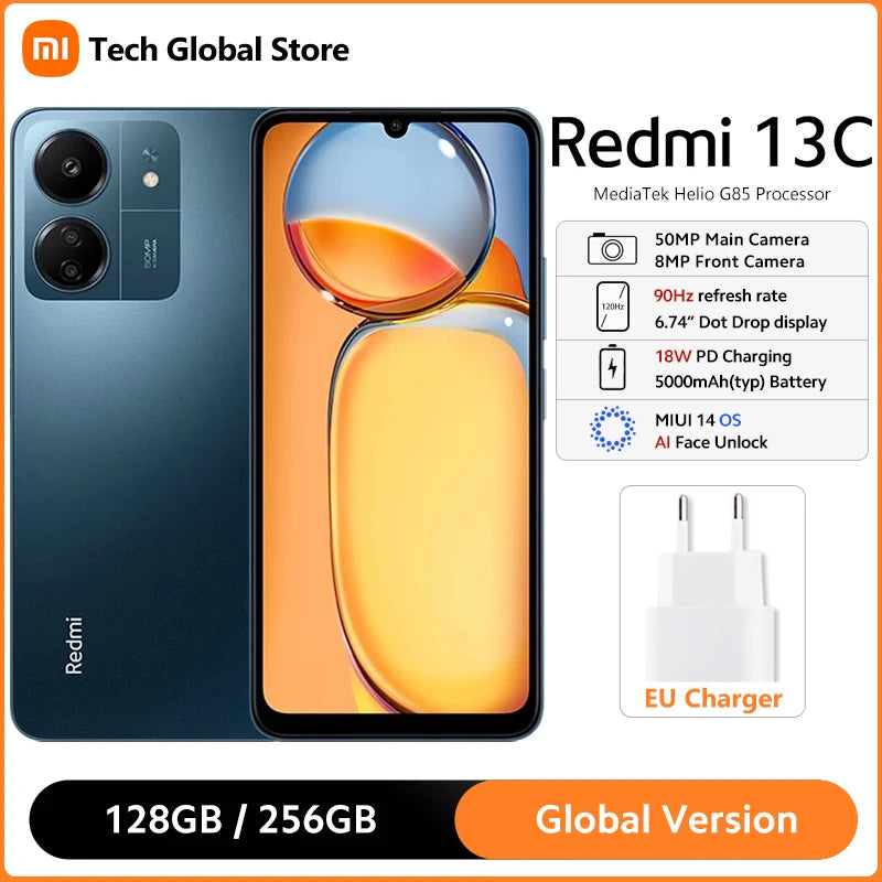 Global Version Xiaomi Redmi 13C 8GB 256GB Smartphone MTK Helio G85 Octa Core 6.74" 90Hz HD+ Display 50MP Camera 5000mAh Battery