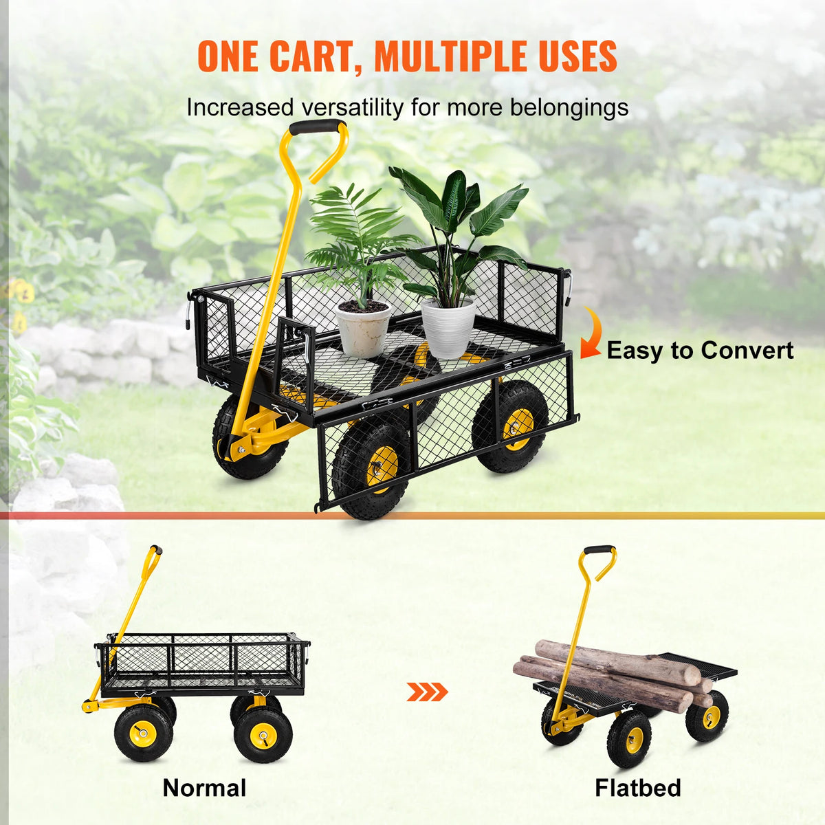 VEVOR Steel Garden Cart Heavy Duty 500/900/1200/1400lbs Capacity with Removable Mesh Sides to Convert into Flatbed Metal Wagon
