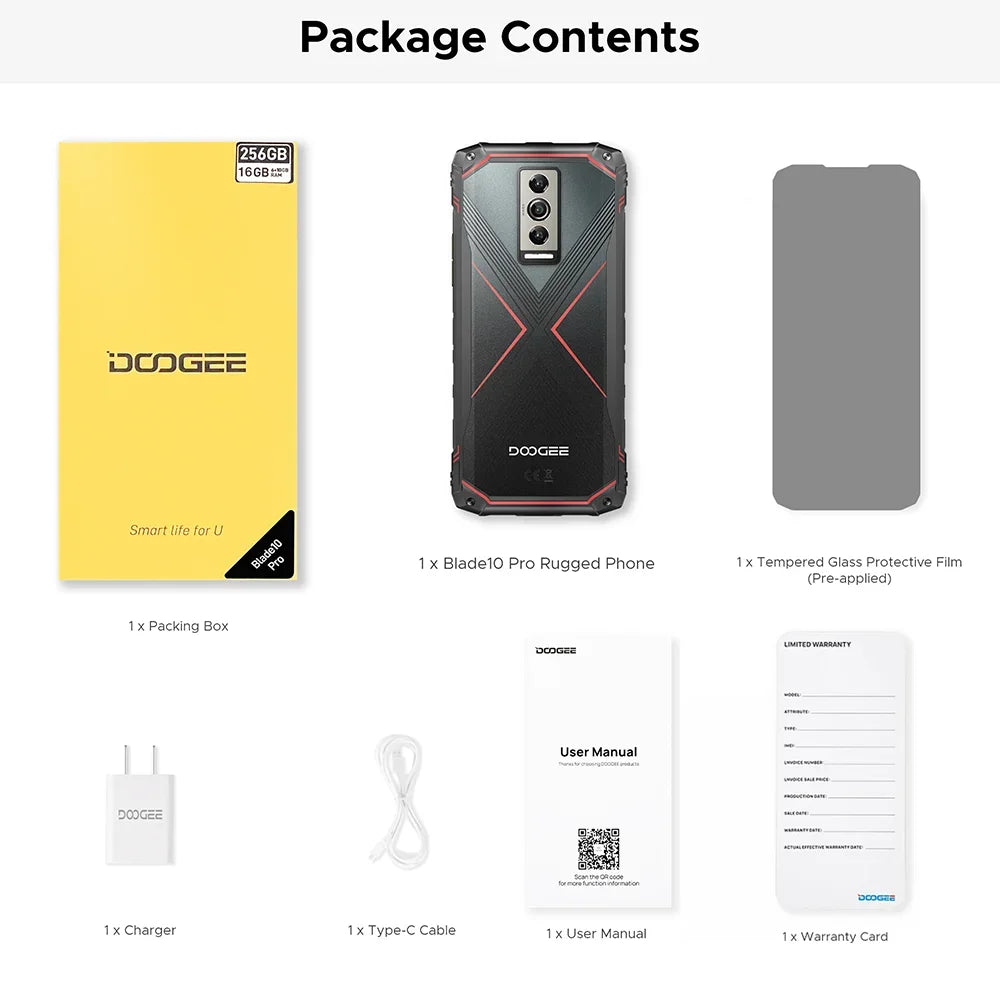 DOOGEE Blade10 Pro Rugged Phone 6GB 256GB Octa Core 6.56" 90Hz IPS Screen 50MP AI Main Camera 5150mAh Android 14