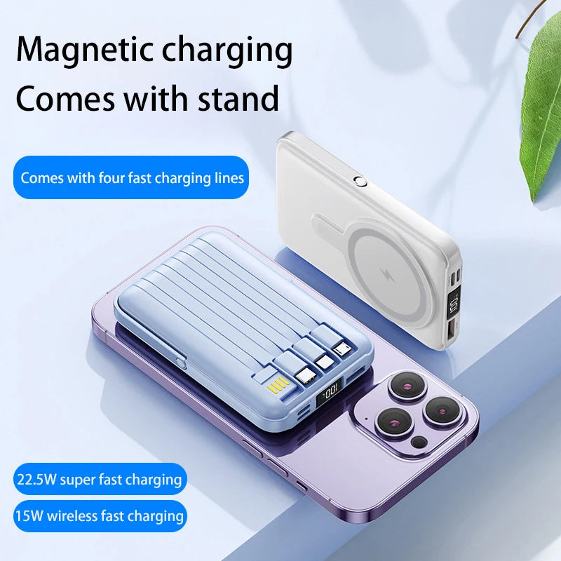Lenovo 50000mAh Magnetic Wireless Power Bank Built in 4 Cables Fast Charging Portable Battery Charger For iPhone Huawei Samsung
