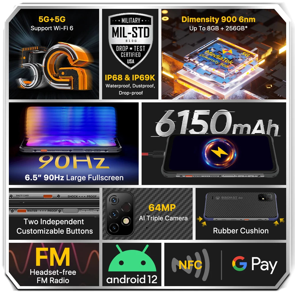 UMIDIGI BISON GT2 5G Rugged Smartphone, Dimensity 900 CPU, IP68& IP69K, 128GB, 6.5"FHD+, NFC, 90Hz, 64MP Camera, 6150mAh Battery
