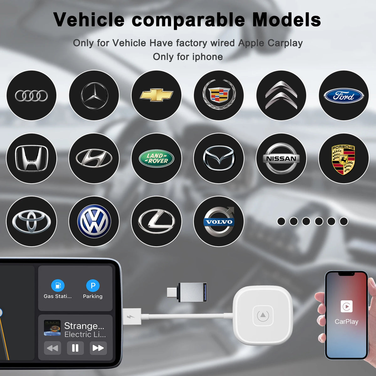 Wireless CarPlay Adapter/Dongle for Factory Wired CarPlay Cars Converts Wired to Wireless Easy to Use for iPhone Plug and Play