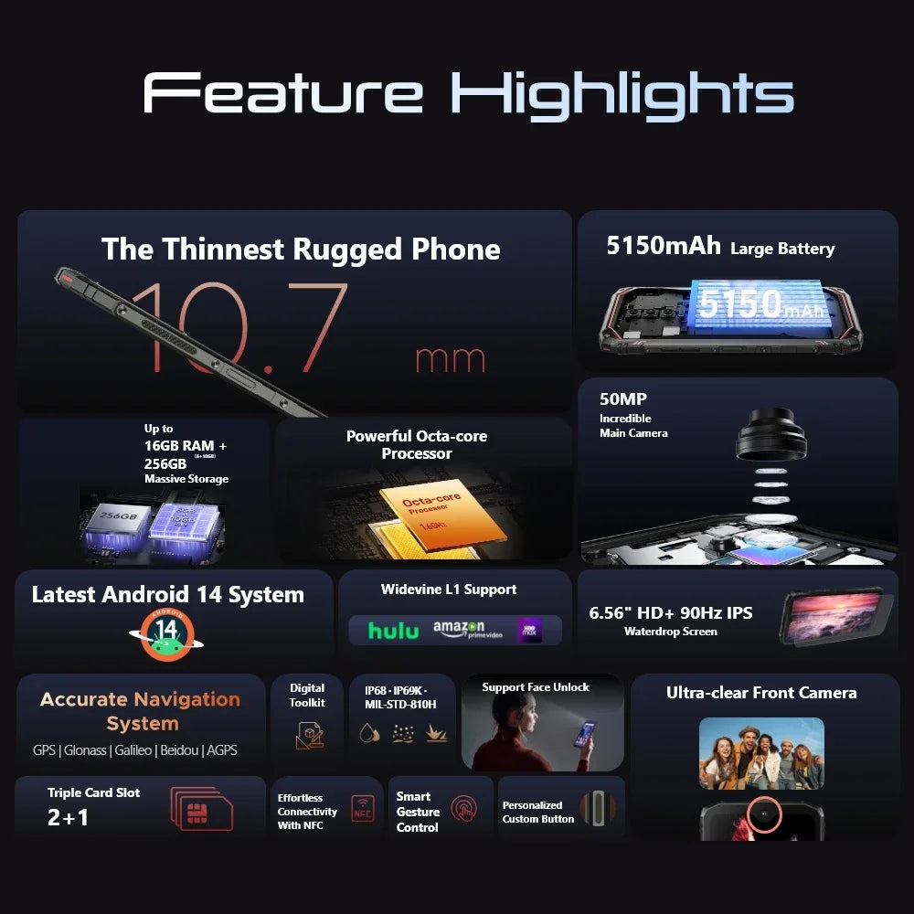 DOOGEE Blade10 Pro Rugged Phone 6GB 256GB Octa Core 6.56" 90Hz IPS Screen 50MP AI Main Camera 5150mAh Android 14