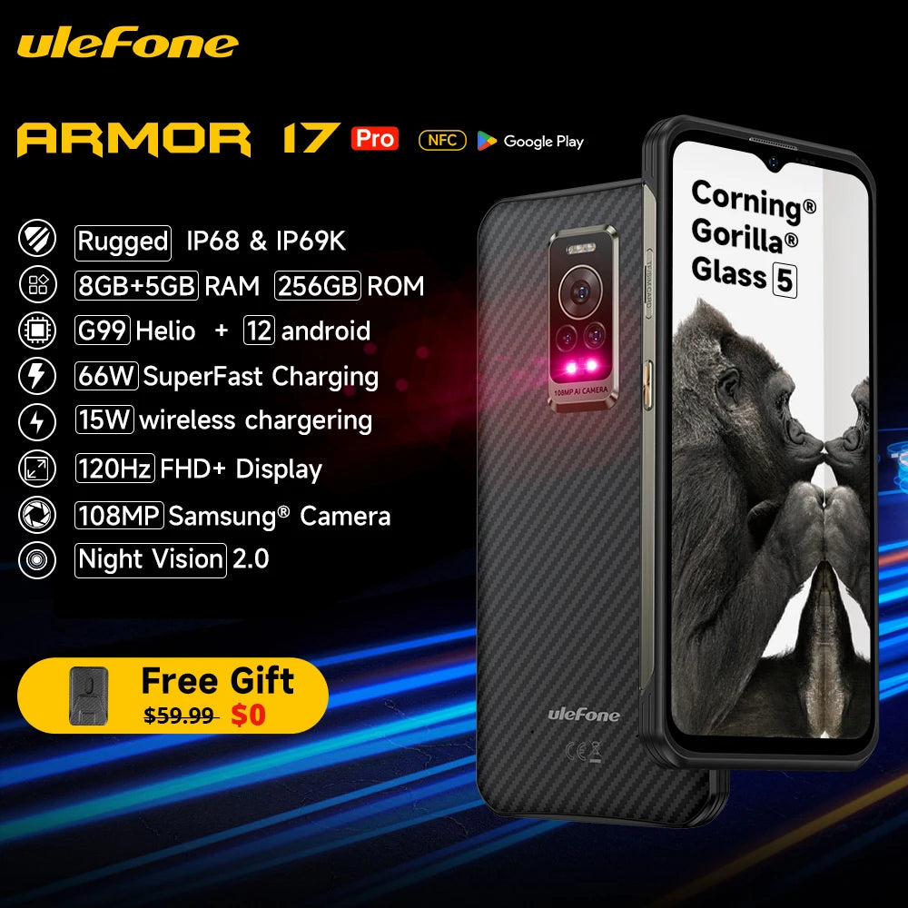 Ulefone Armor 17 Pro Rugged Smartphone Night Vision 13GB 256GB Helio G99 4G Mobile Phones 120Hz 108MP Android 12 NFC Global