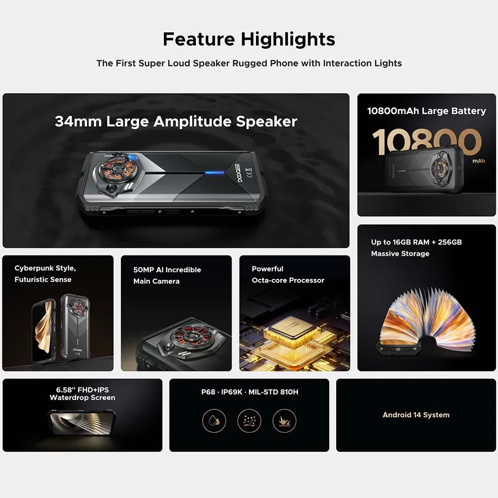 Global Version DOOGEE S Punk Rugged Phone Android 14 6.58" 90Hz 34mm Large Amplitude Speake LED Light Effect 6GB+256GB 10800mAh
