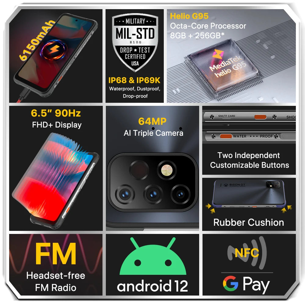 UMIDIGI-BISON GT2 Rugged Smartphone Android 12 IP68 6150mAh 8GB + 128GB Helio G95 6.5 "FHD +NFC64MP AI Triple Camera Cell Phone